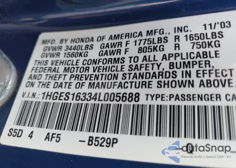 2004 Honda Civic Vp z USA, uszkodzony, nr VIN 1HGES16334L005688
